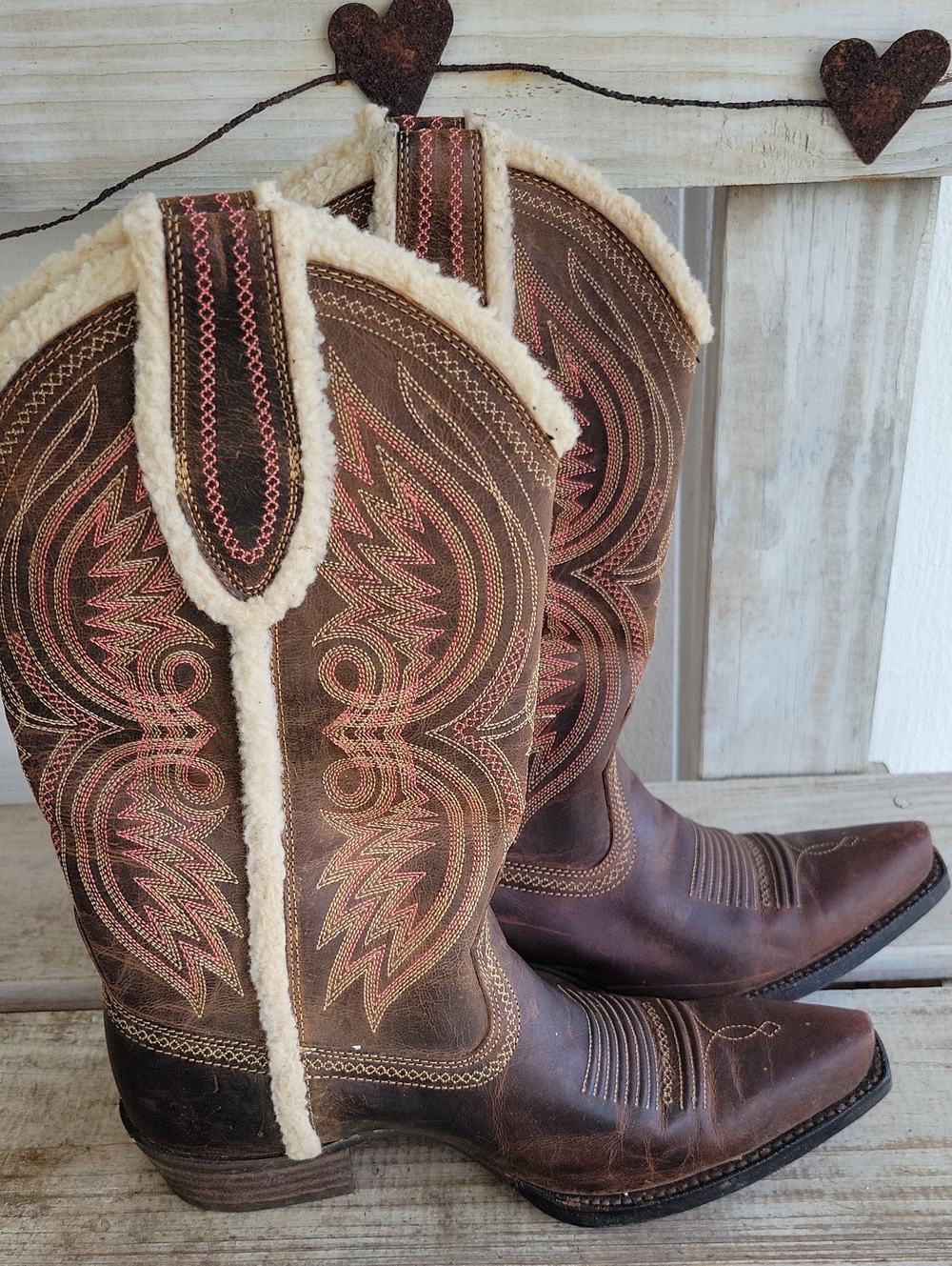 Ariat Brown Leather Western Boots with Pink Stitching and Cream Sheapa Trim